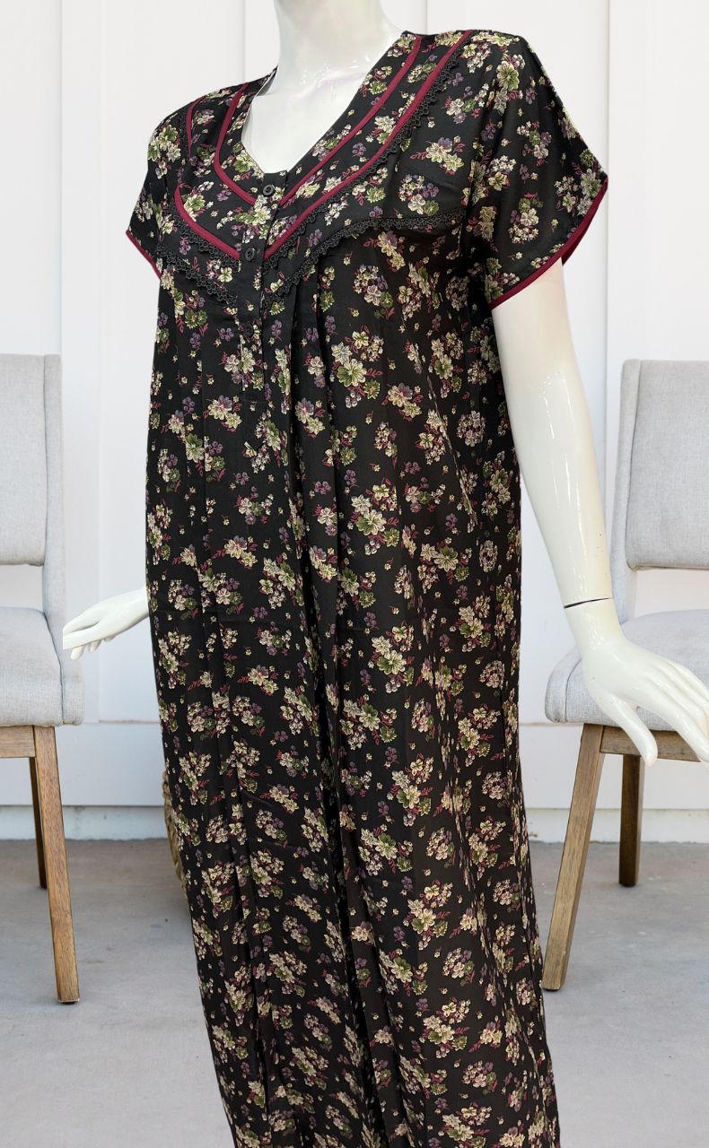 Black/Maroon Garden Spun Nighty. Flowy Spun Fabric | Laces and Frills - Laces and Frills