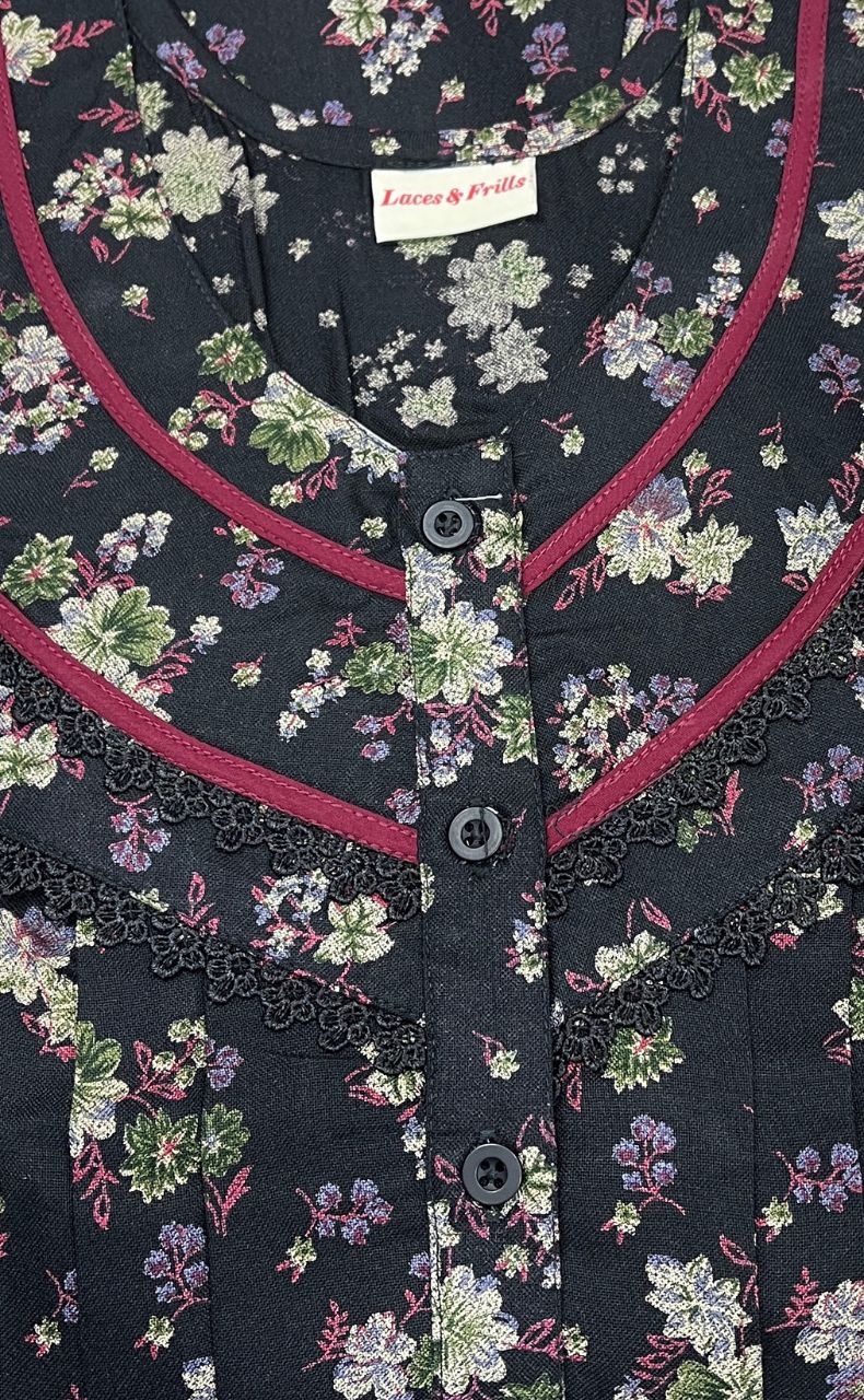 Black/Maroon Garden Spun Nighty. Flowy Spun Fabric | Laces and Frills - Laces and Frills