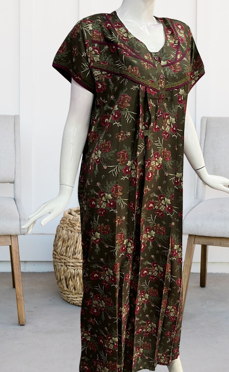 Olive Green Garden Spun Nighty. Flowy Spun Fabric | Laces and Frills - Laces and Frills