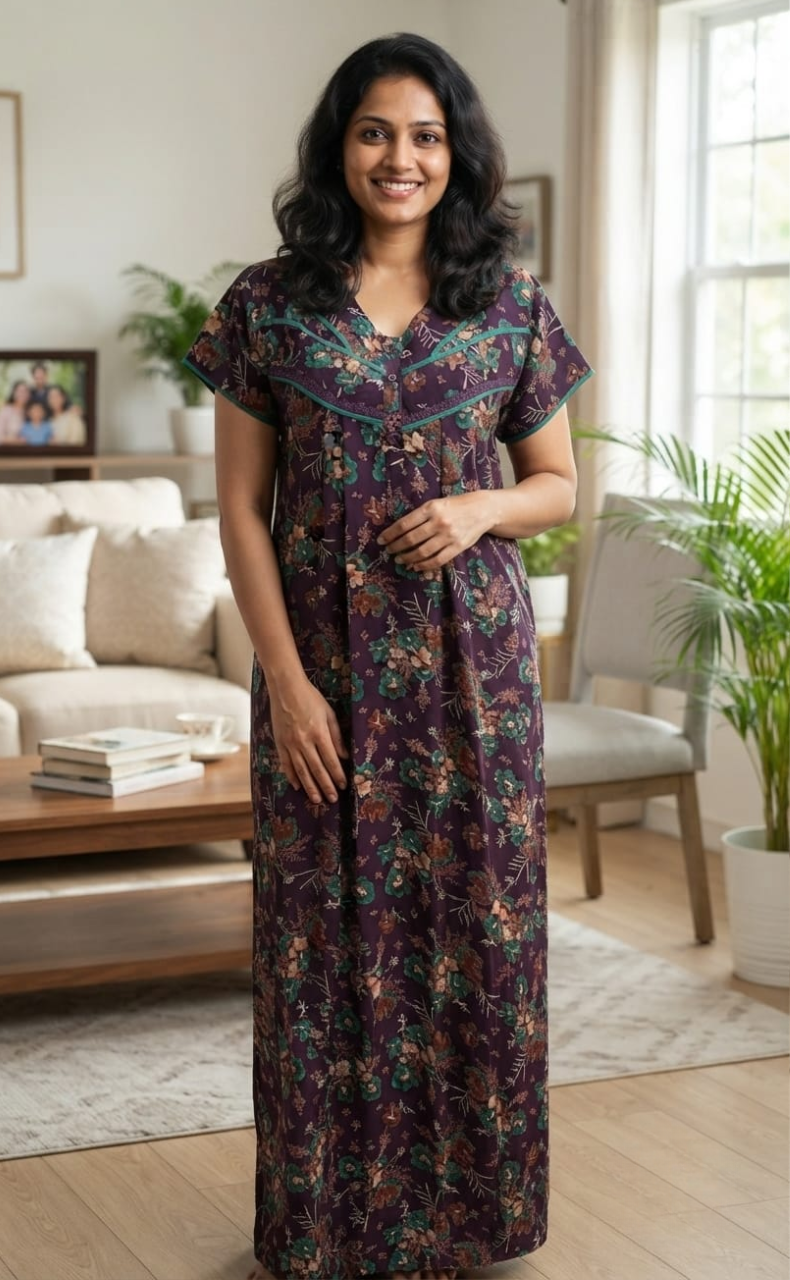 Dark Violet Garden Spun Nighty. Flowy Spun Fabric | Laces and Frills
