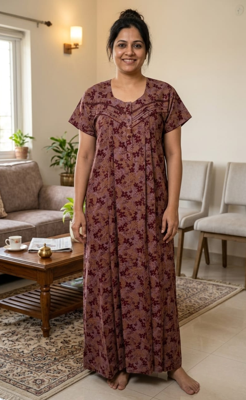 Maroon Floral Spun Nighty. Flowy Spun Fabric | Laces and Frills
