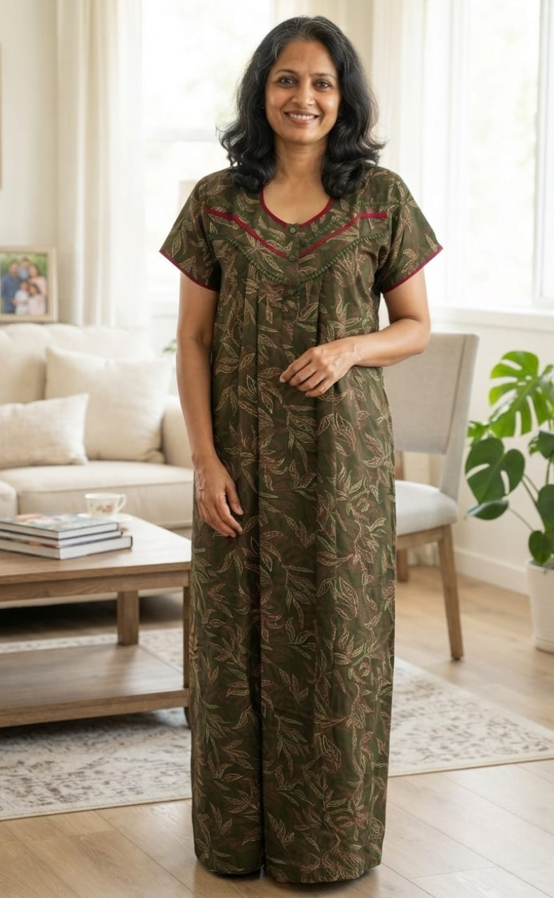 Green Leafy Spun Nighty. Flowy Spun Fabric | Laces and Frills