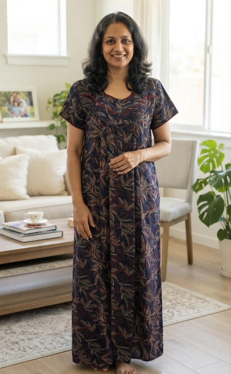 Blue Leafy Spun Nighty. Flowy Spun Fabric | Laces and Frills