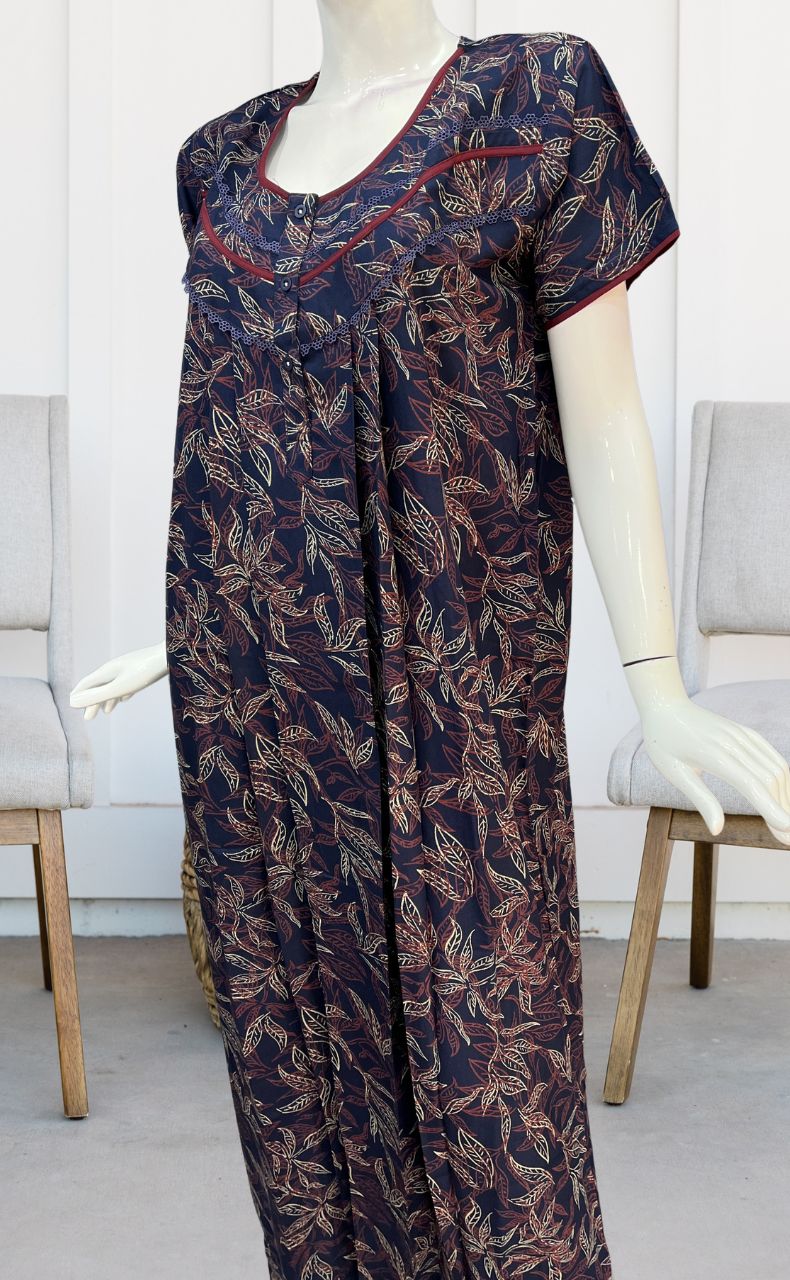 Blue Leafy Spun Nighty. Flowy Spun Fabric | Laces and Frills - Laces and Frills