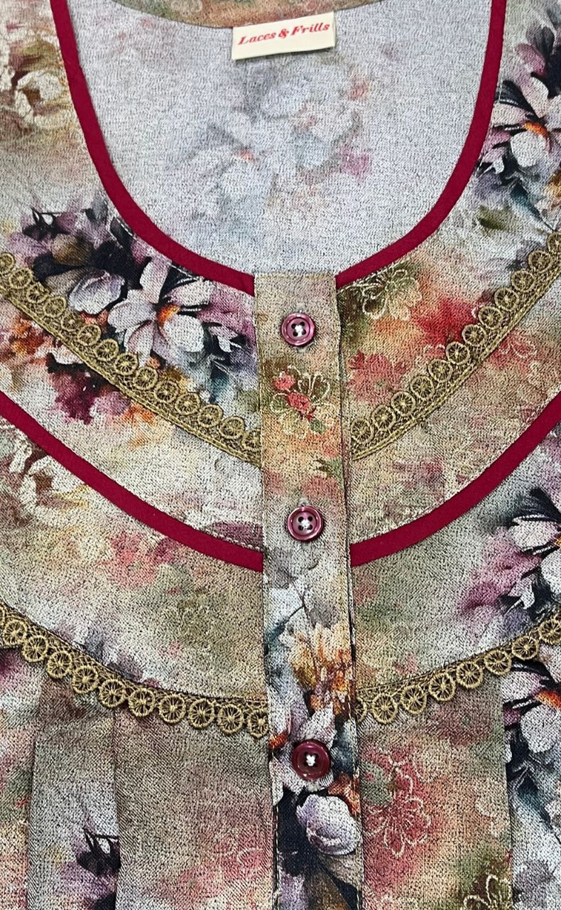 Mustard/Red Digital Print Spun Nighty. Flowy Spun Fabric | Laces and Frills - Laces and Frills