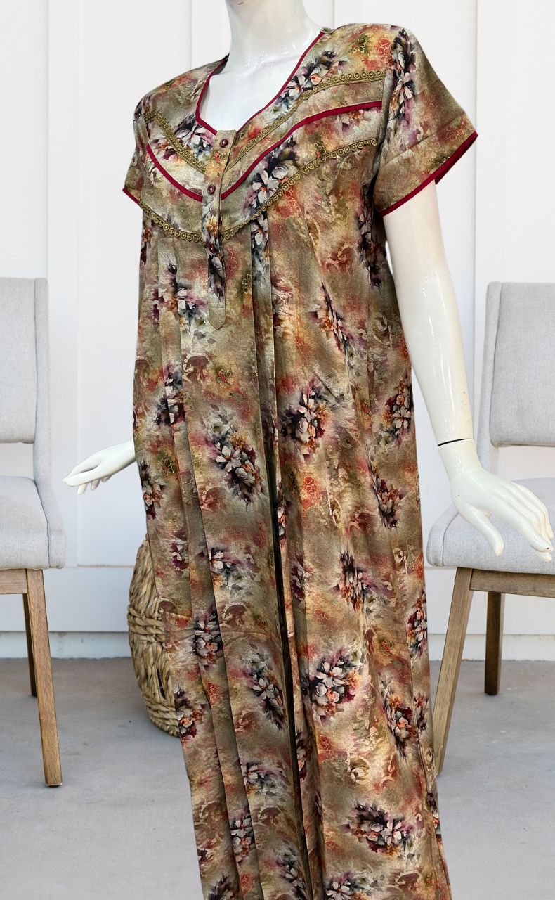 Mustard/Red Digital Print Spun Nighty. Flowy Spun Fabric | Laces and Frills - Laces and Frills