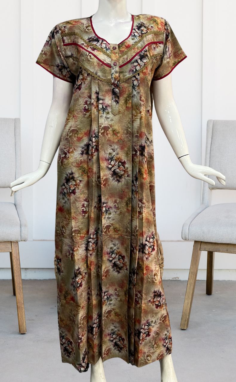 Mustard/Red Digital Print Spun Nighty. Flowy Spun Fabric | Laces and Frills - Laces and Frills