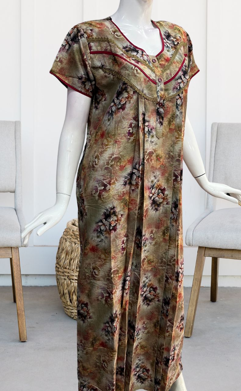 Mustard/Red Digital Print Spun Nighty. Flowy Spun Fabric | Laces and Frills - Laces and Frills