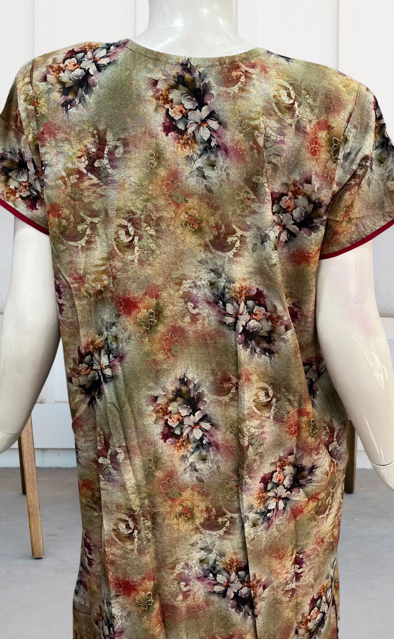 Mustard/Red Digital Print Spun Nighty. Flowy Spun Fabric | Laces and Frills - Laces and Frills