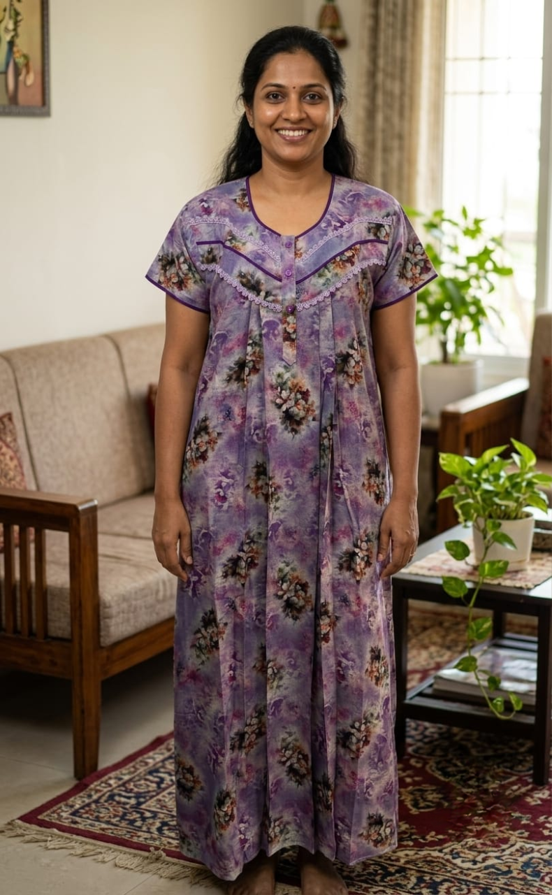 Lavender Digital Print Spun Nighty. Flowy Spun Fabric | Laces and Frills