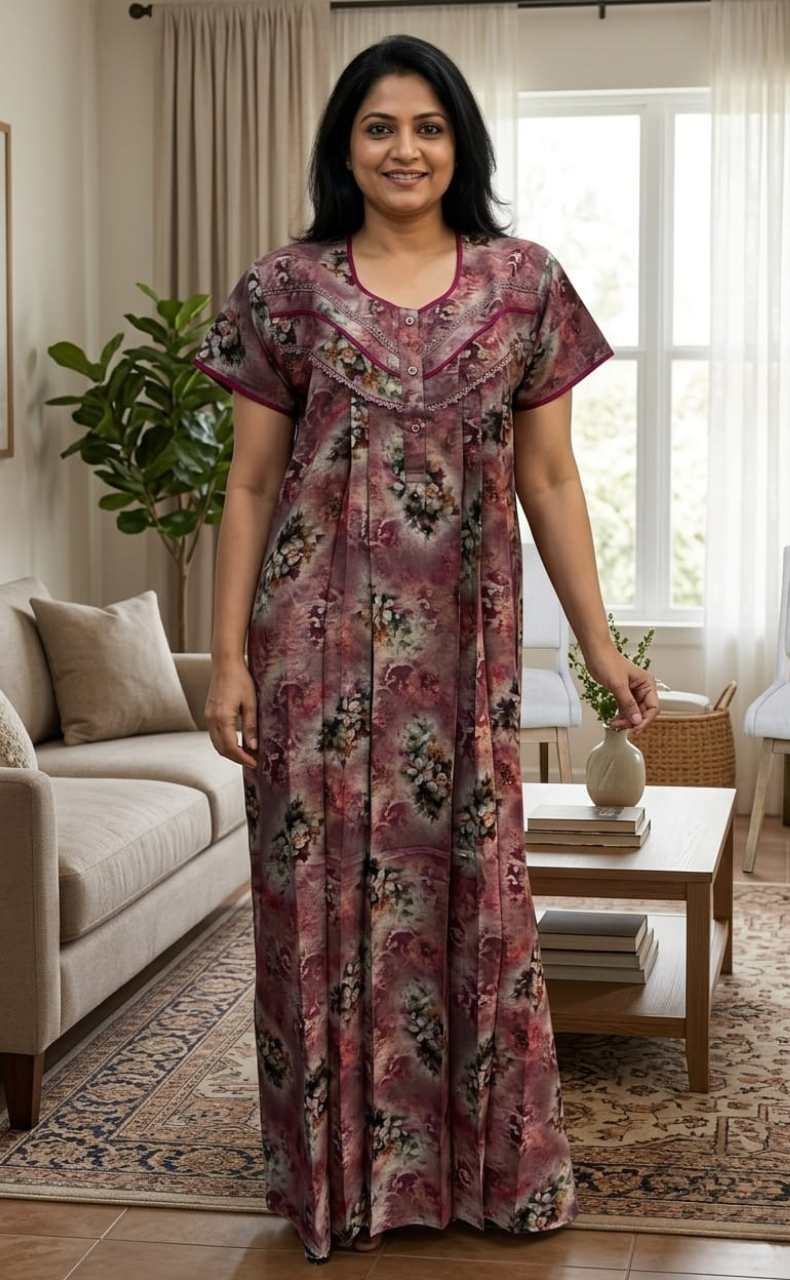 Pink Digital Print Spun Nighty. Flowy Spun Fabric | Laces and Frills