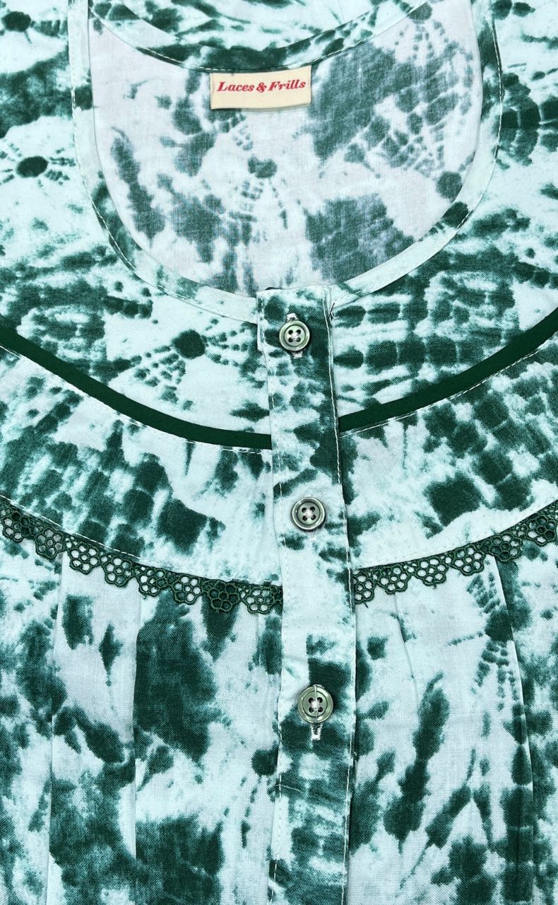 Bottle Green Shibori Print Rayon Nighty. Flowy Rayon Fabric | Laces and Frills - Laces and Frills