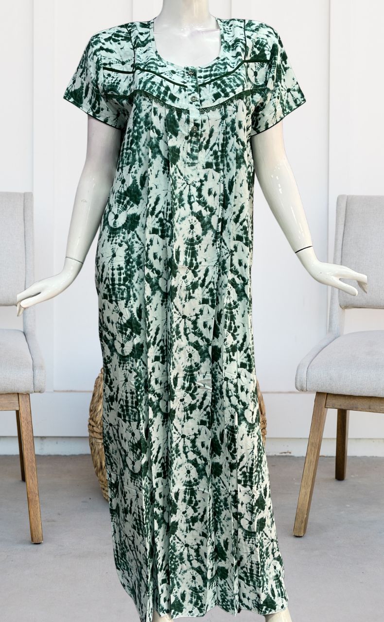 Bottle Green Shibori Print Rayon Nighty. Flowy Rayon Fabric | Laces and Frills - Laces and Frills