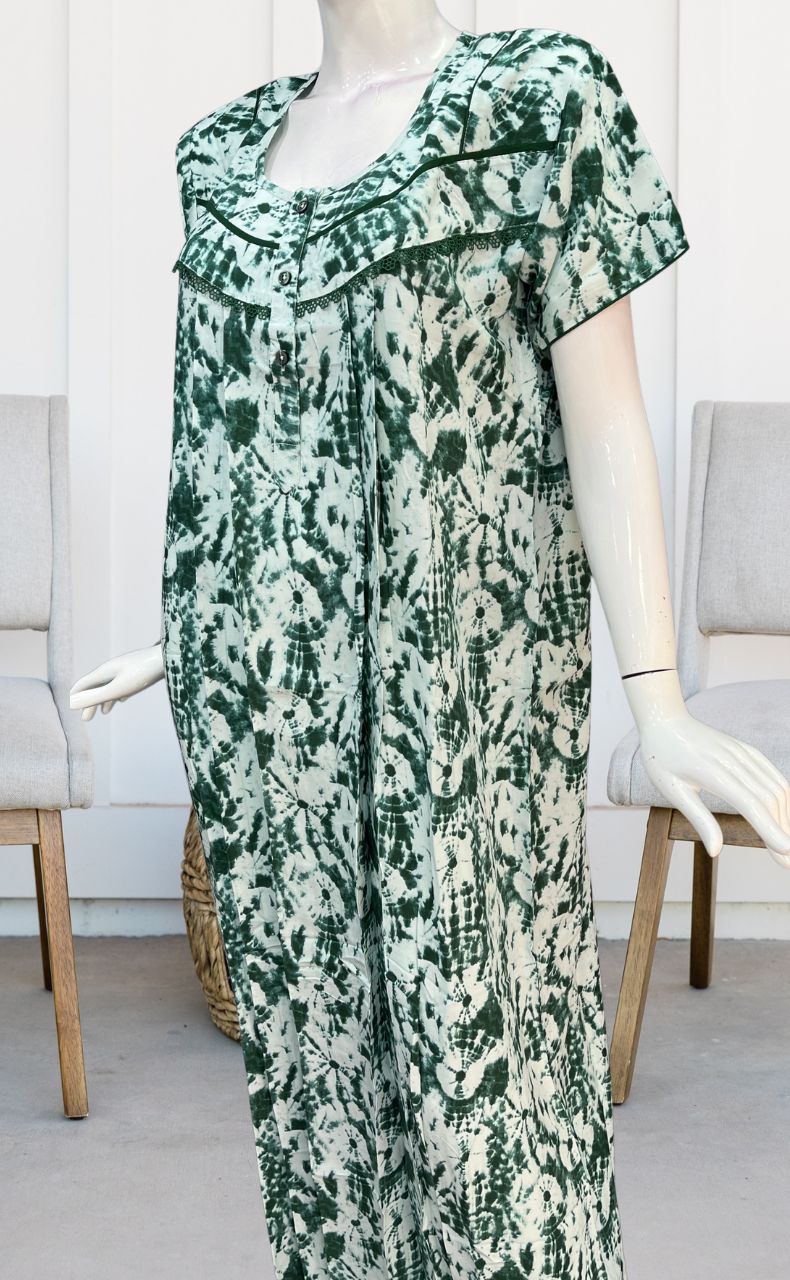 Bottle Green Shibori Print Rayon Nighty. Flowy Rayon Fabric | Laces and Frills - Laces and Frills