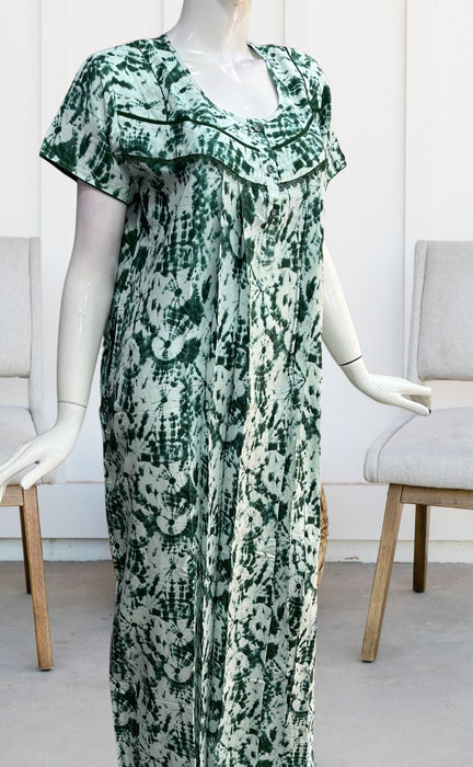 Bottle Green Shibori Print Rayon Nighty. Flowy Rayon Fabric | Laces and Frills - Laces and Frills
