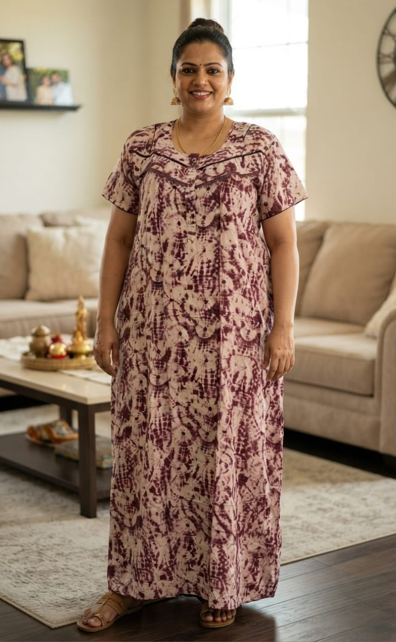 Maroon Shibori Print Rayon Nighty. Flowy Rayon Fabric | Laces and Frills