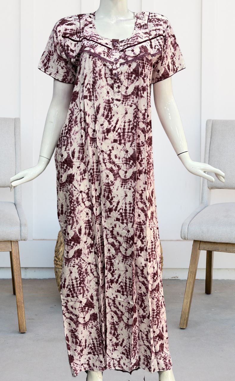 Maroon Shibori Print Rayon Nighty. Flowy Rayon Fabric | Laces and Frills - Laces and Frills