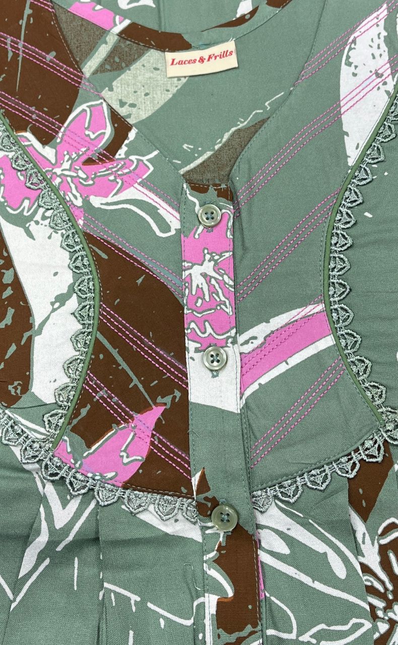 Pista Green Flora Rayon Nighty. Flowy Rayon Fabric | Laces and Frills - Laces and Frills