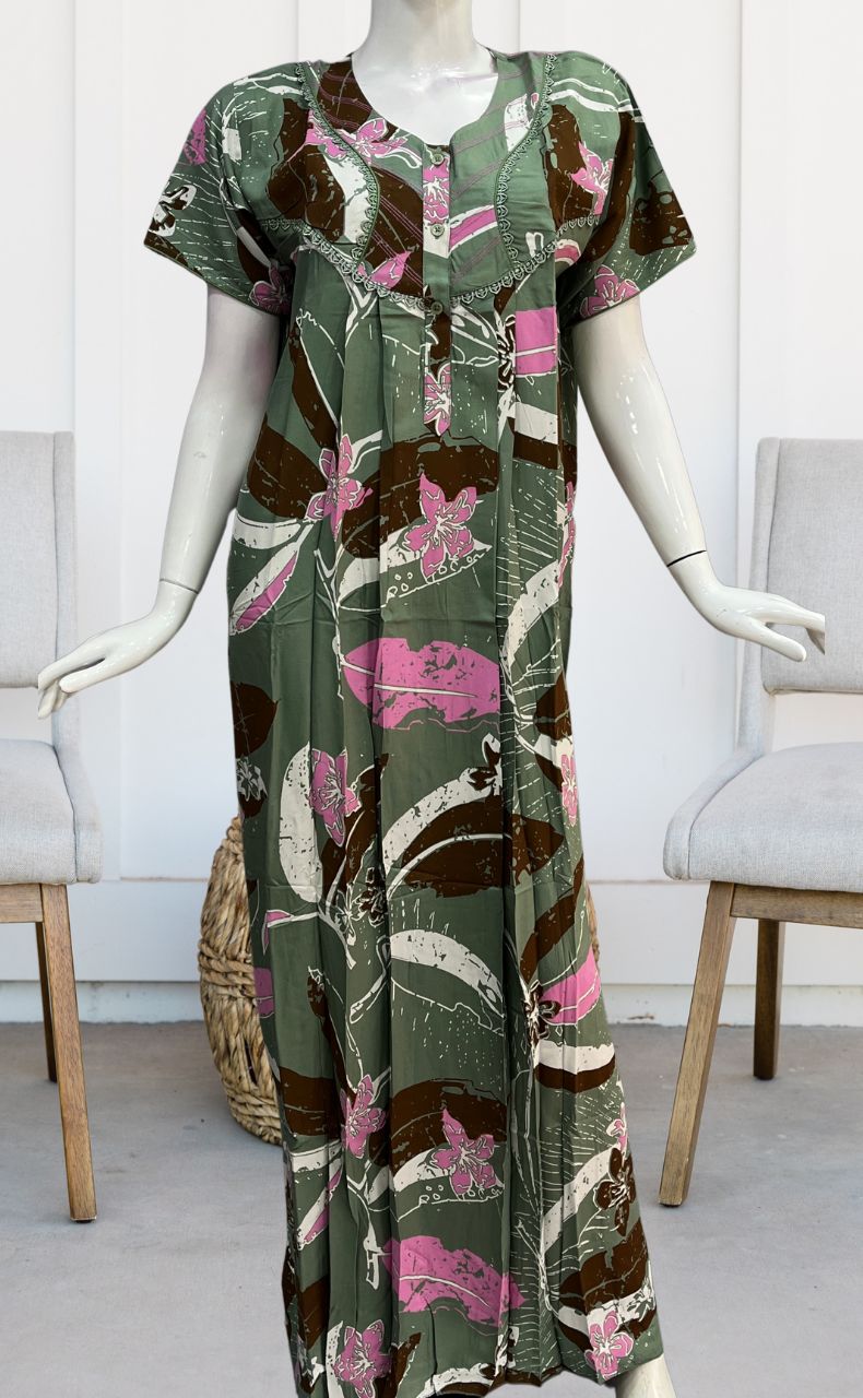 Pista Green Flora Rayon Nighty. Flowy Rayon Fabric | Laces and Frills - Laces and Frills