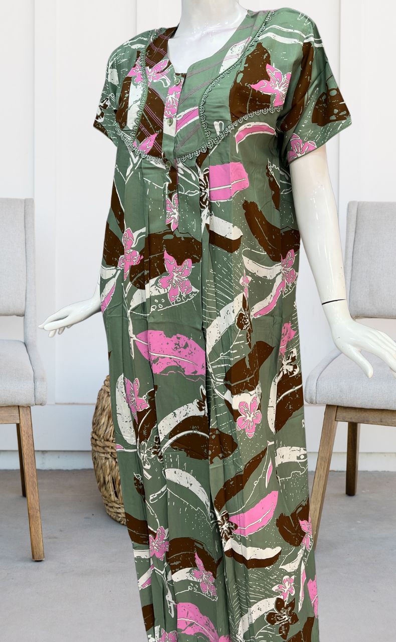 Pista Green Flora Rayon Nighty. Flowy Rayon Fabric | Laces and Frills - Laces and Frills