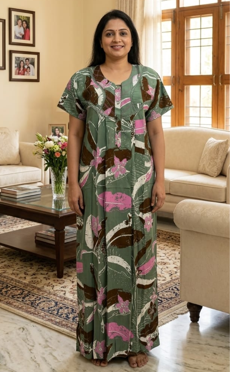 Pista Green Flora Rayon Nighty. Flowy Rayon Fabric | Laces and Frills