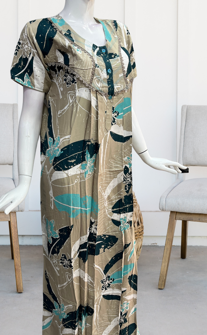 Beige Flora Rayon Nighty. Flowy Rayon Fabric | Laces and Frills - Laces and Frills