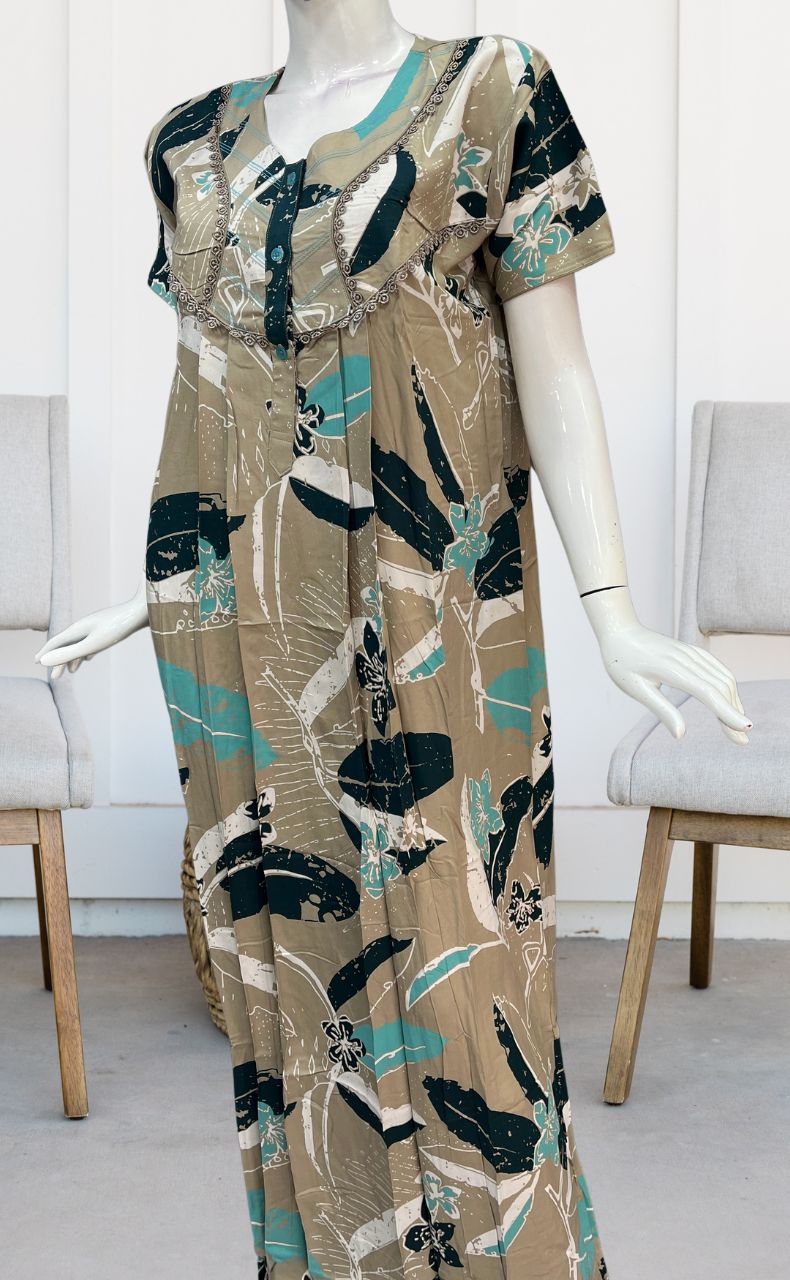 Beige Flora Rayon Nighty. Flowy Rayon Fabric | Laces and Frills - Laces and Frills