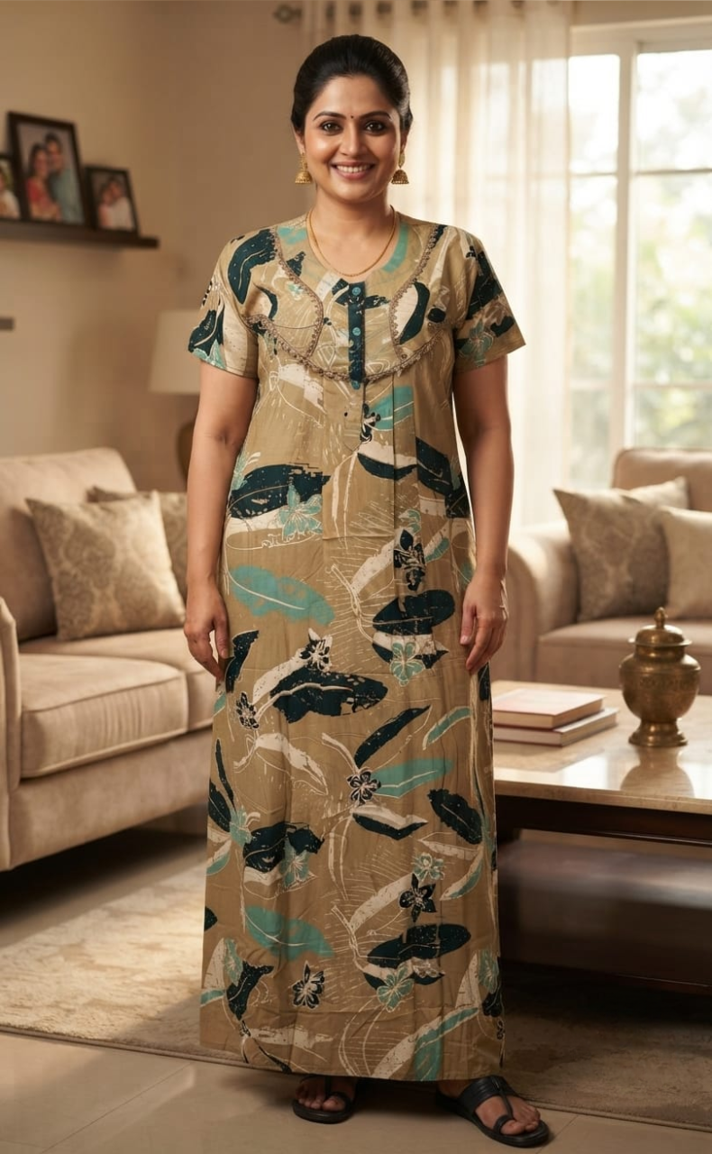 Beige Flora Rayon Nighty. Flowy Rayon Fabric | Laces and Frills