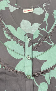 Beige/Pista Green Flora Rayon Nighty. Flowy Rayon Fabric | Laces and Frills - Laces and Frills