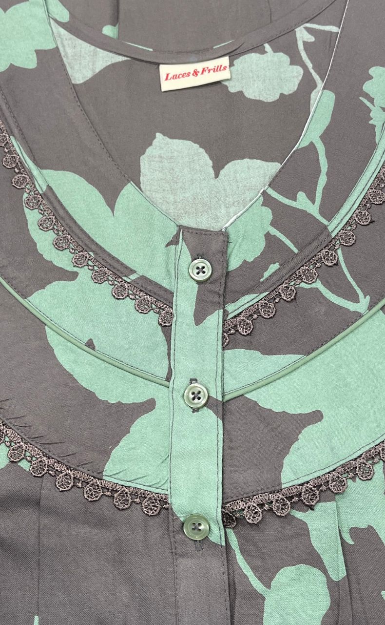 Beige/Pista Green Flora Rayon Nighty. Flowy Rayon Fabric | Laces and Frills - Laces and Frills