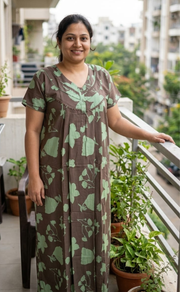 Beige/Pista Green Flora Rayon Nighty. Flowy Rayon Fabric | Laces and Frills - Laces and Frills