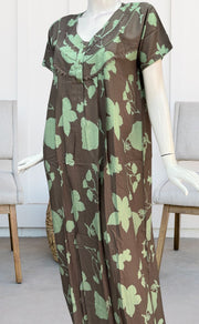 Beige/Pista Green Flora Rayon Nighty. Flowy Rayon Fabric | Laces and Frills - Laces and Frills