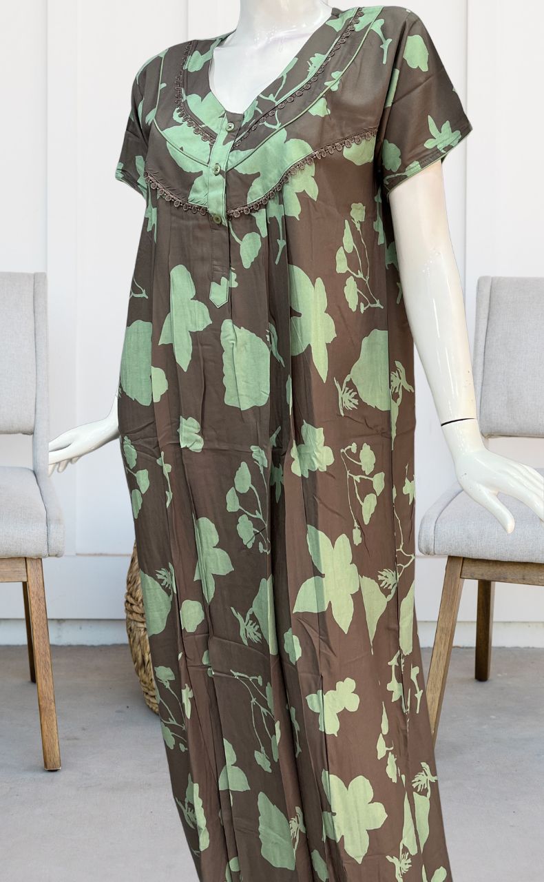 Beige/Pista Green Flora Rayon Nighty. Flowy Rayon Fabric | Laces and Frills - Laces and Frills