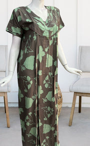 Beige/Pista Green Flora Rayon Nighty. Flowy Rayon Fabric | Laces and Frills - Laces and Frills