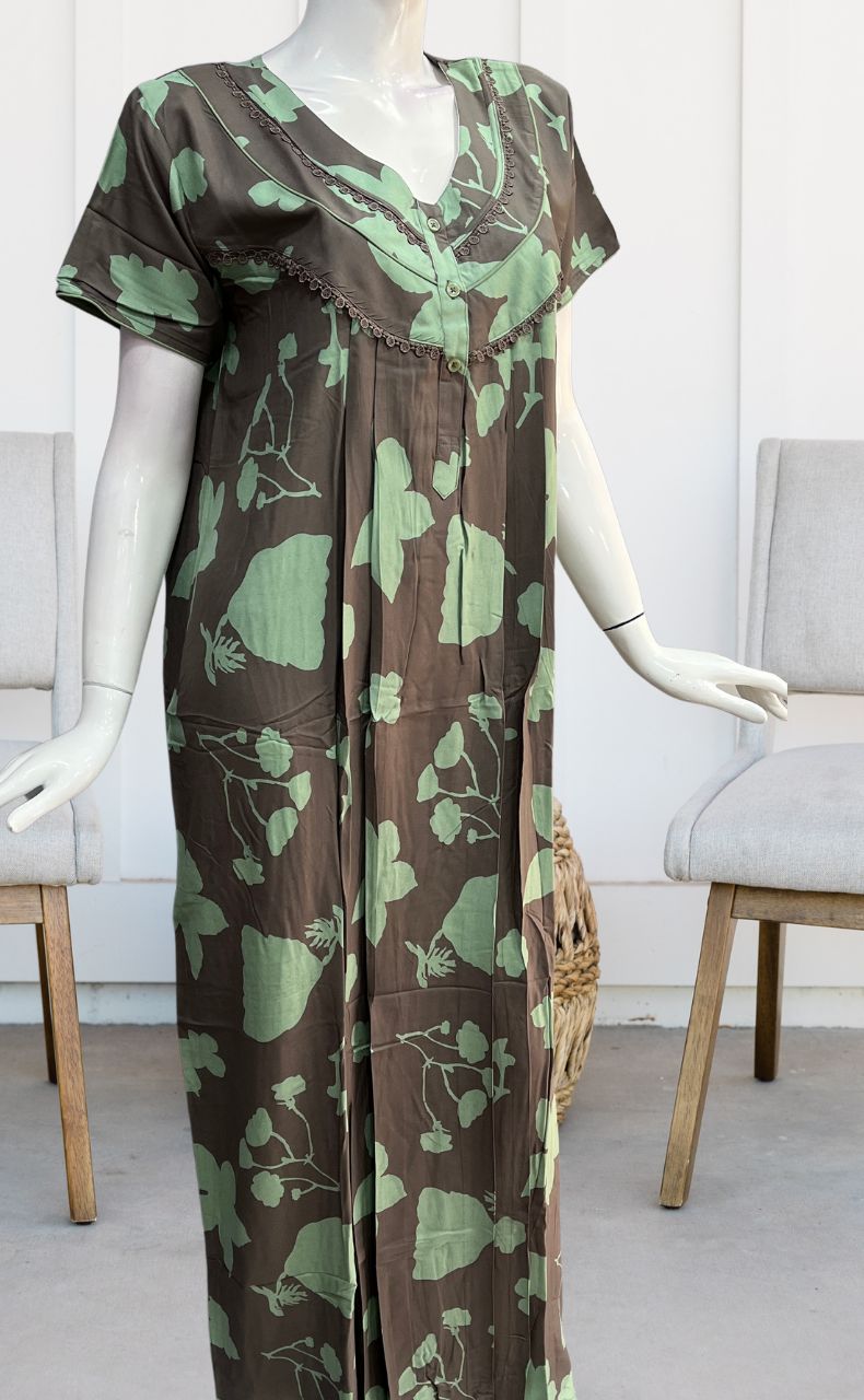 Beige/Pista Green Flora Rayon Nighty. Flowy Rayon Fabric | Laces and Frills - Laces and Frills