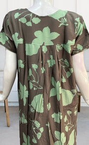 Beige/Pista Green Flora Rayon Nighty. Flowy Rayon Fabric | Laces and Frills - Laces and Frills