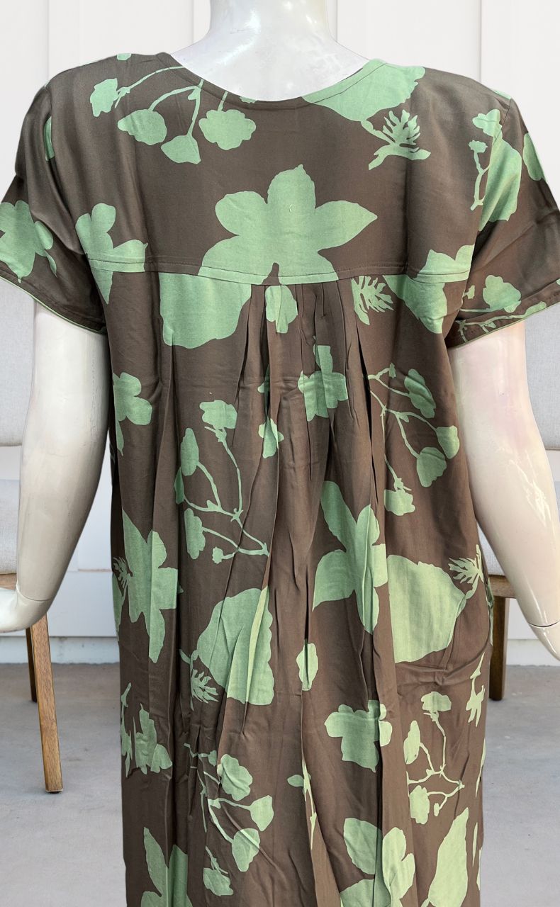 Beige/Pista Green Flora Rayon Nighty. Flowy Rayon Fabric | Laces and Frills - Laces and Frills