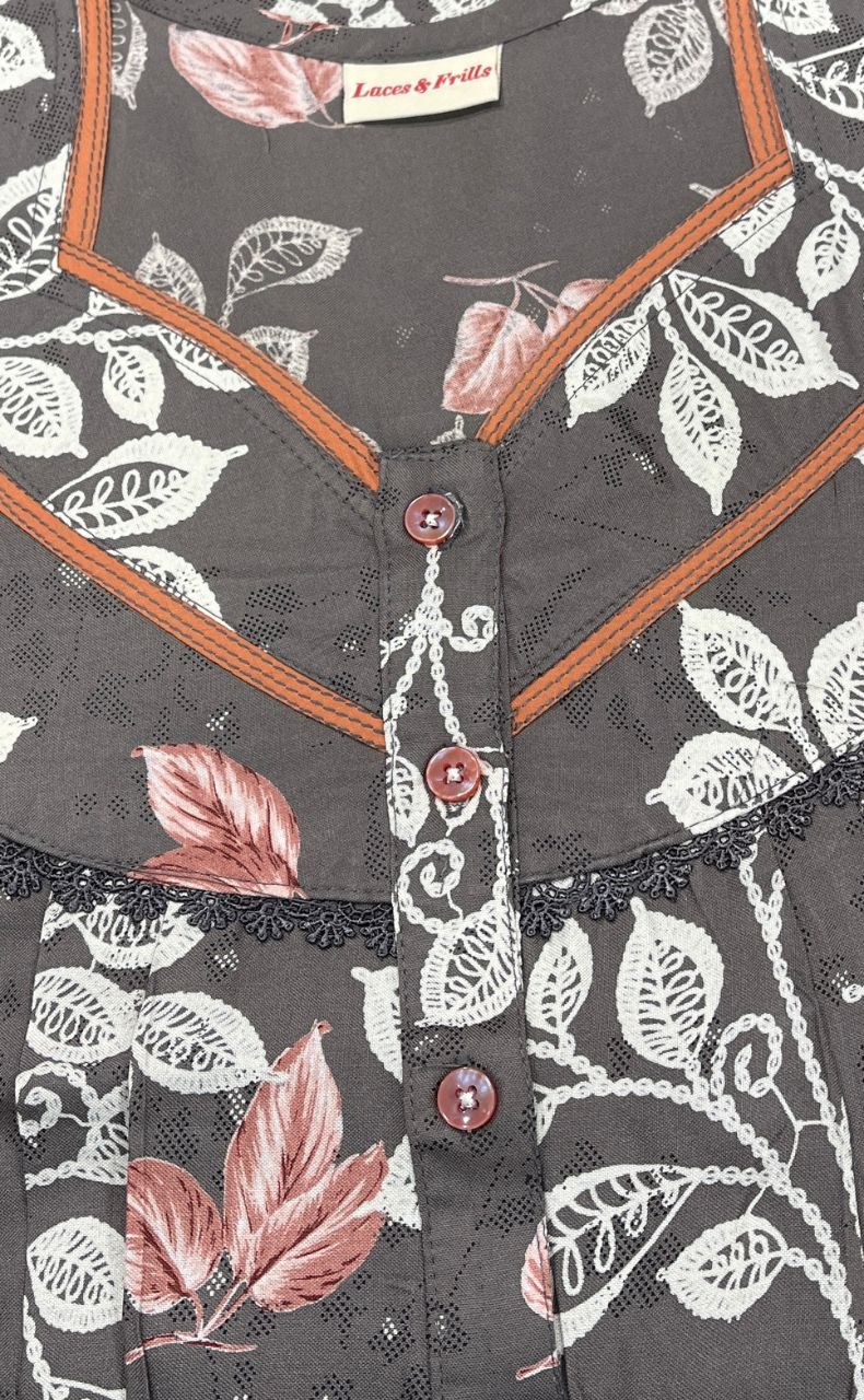 Grey/Peach Flora Rayon Nighty. Flowy Rayon Fabric | Laces and Frills - Laces and Frills