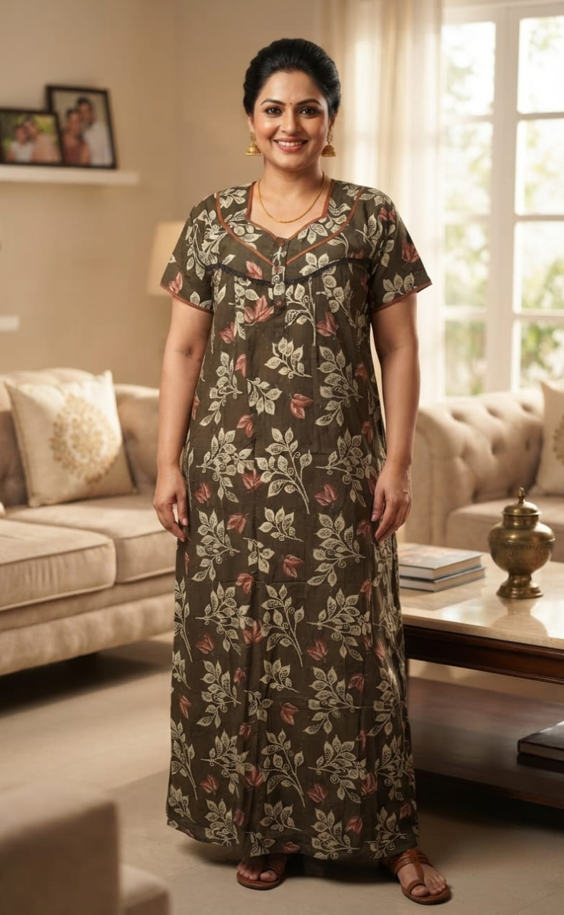 Grey/Peach Flora Rayon Nighty. Flowy Rayon Fabric | Laces and Frills