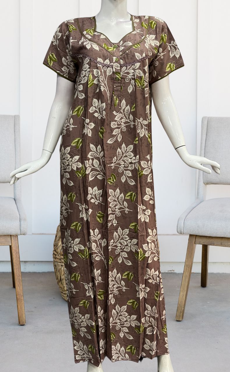 English Pink/Olive Green Flora Rayon Nighty. Flowy Rayon Fabric | Laces and Frills - Laces and Frills