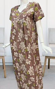 English Pink/Olive Green Flora Rayon Nighty. Flowy Rayon Fabric | Laces and Frills - Laces and Frills