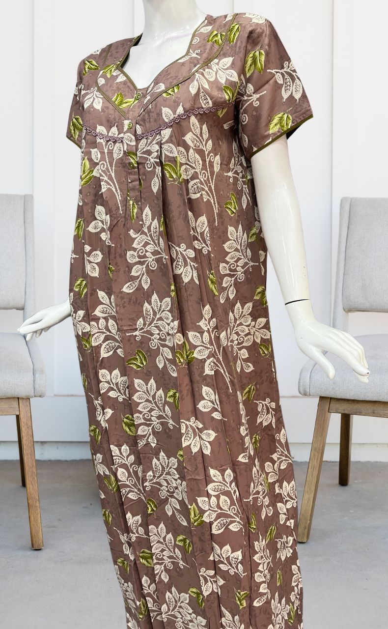 English Pink/Olive Green Flora Rayon Nighty. Flowy Rayon Fabric | Laces and Frills - Laces and Frills