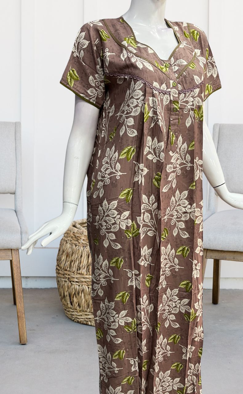 English Pink/Olive Green Flora Rayon Nighty. Flowy Rayon Fabric | Laces and Frills - Laces and Frills