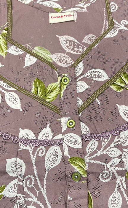 English Pink/Olive Green Flora Rayon Nighty. Flowy Rayon Fabric | Laces and Frills - Laces and Frills