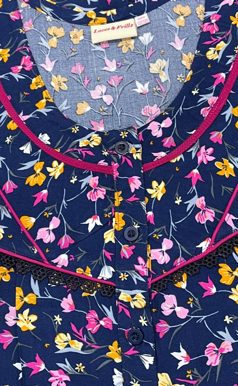 Blue/Pink Tiny Flora Rayon Nighty. Flowy Rayon Fabric | Laces and Frills - Laces and Frills