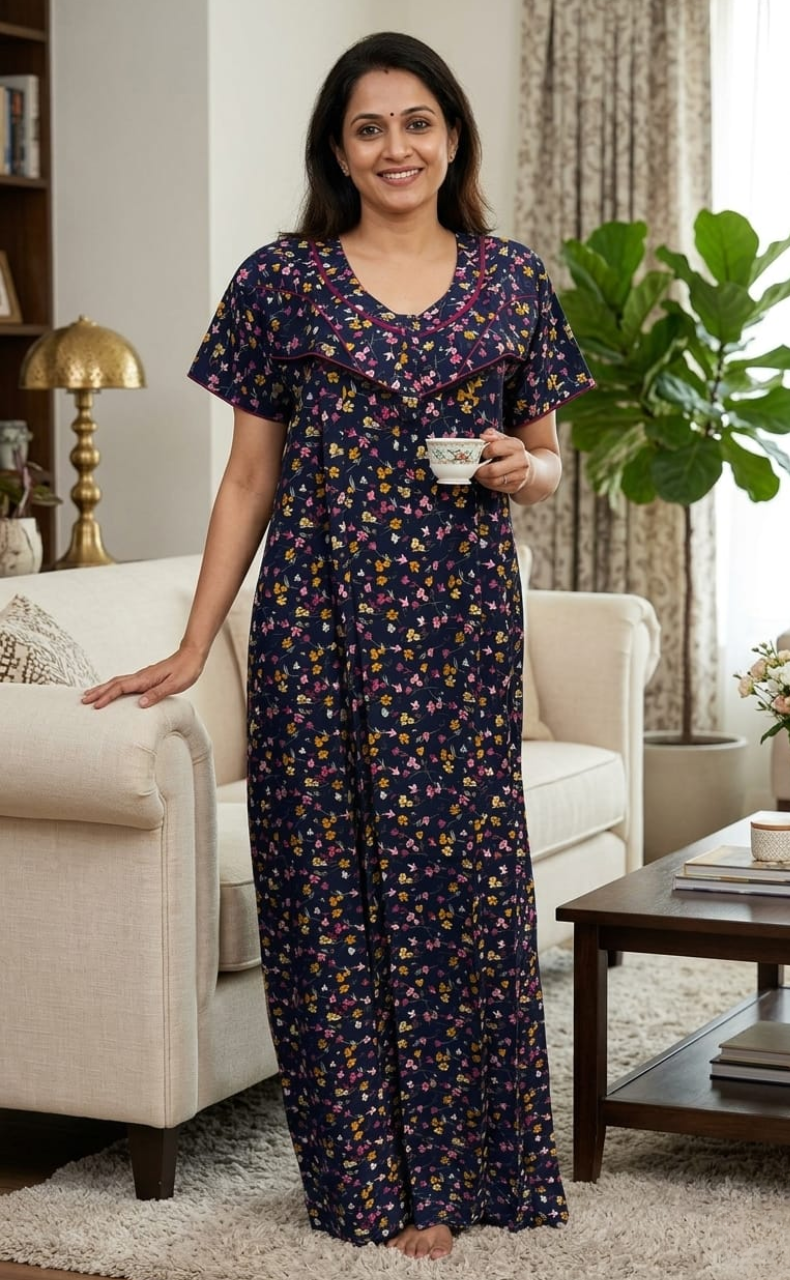 Blue/Pink Tiny Flora Rayon Nighty. Flowy Rayon Fabric | Laces and Frills