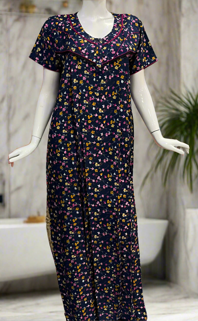 Blue/Pink Tiny Flora Rayon Nighty. Flowy Rayon Fabric | Laces and Frills - Laces and Frills