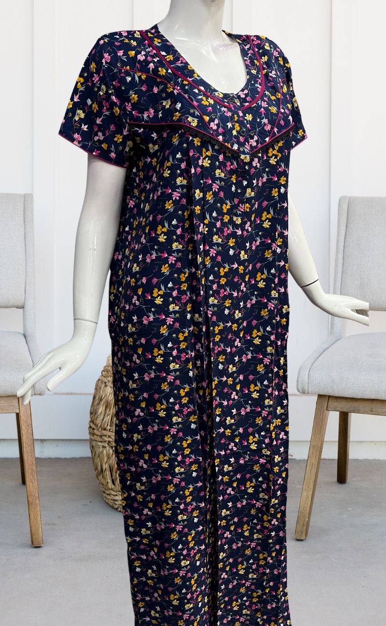 Blue/Pink Tiny Flora Rayon Nighty. Flowy Rayon Fabric | Laces and Frills - Laces and Frills