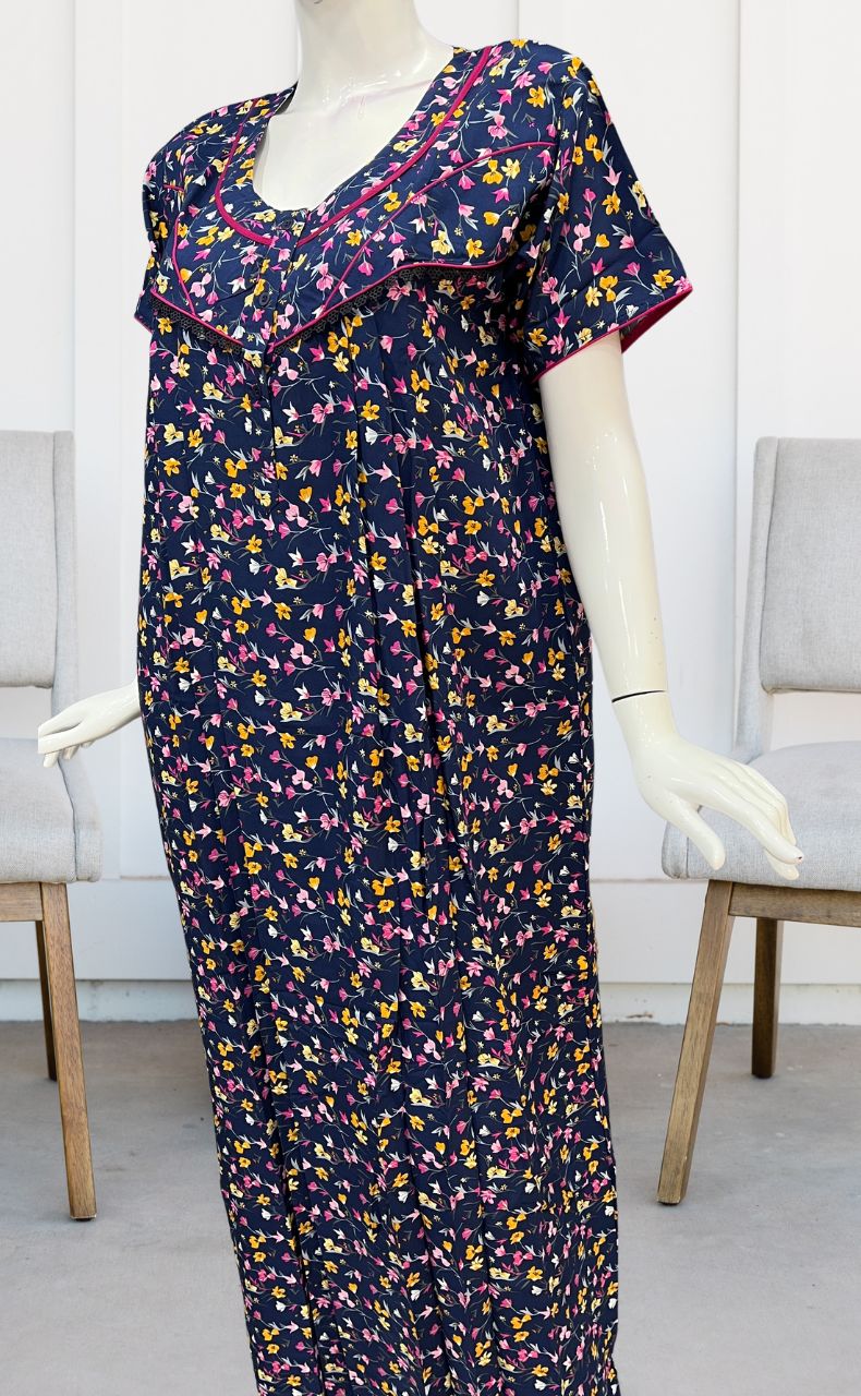 Blue/Pink Tiny Flora Rayon Nighty. Flowy Rayon Fabric | Laces and Frills - Laces and Frills