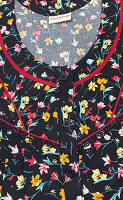 Black/Red Tiny Flora Rayon Nighty. Flowy Rayon Fabric | Laces and Frills - Laces and Frills
